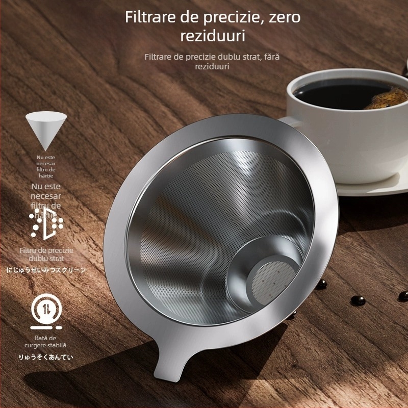 Set filtru cafea din oțel inoxidabil pentru pour-over, fără filtru de hârtie, filtru din plasă ultra-fină