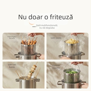 Tigaie din oțel inoxidabil 304, cu pereți drepți și filtru, oală de supă adâncită, multifuncțională, cu două mâneri, fund dublu