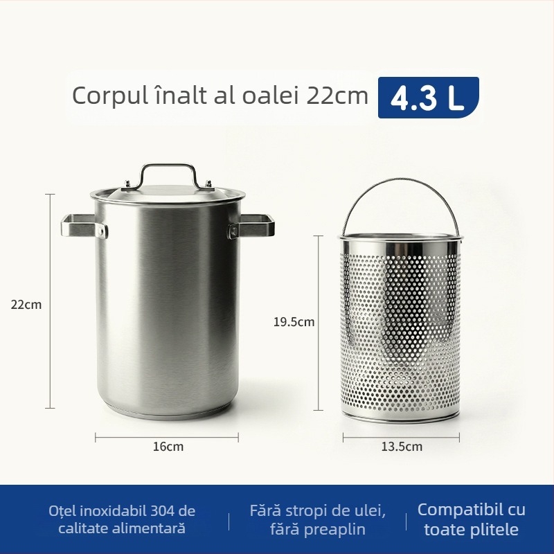 Tigaie din oțel inoxidabil 304, cu pereți drepți și filtru, oală de supă adâncită, multifuncțională, cu două mâneri, fund dublu