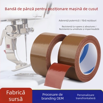 Bandă din țesătură cu adeziv roșu, maro, pentru mașina de cusut, rezistență înaltă, impermeabilă și rezistentă la temperaturi; destinată poziționării modelelor, fixării șabloanelor și îmbinării covoarelor