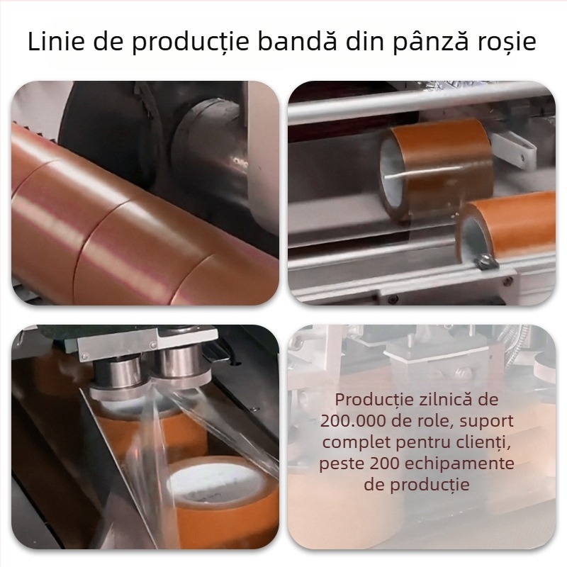 Bandă din țesătură cu adeziv roșu, maro, pentru mașina de cusut, rezistență înaltă, impermeabilă și rezistentă la temperaturi; destinată poziționării modelelor, fixării șabloanelor și îmbinării covoarelor