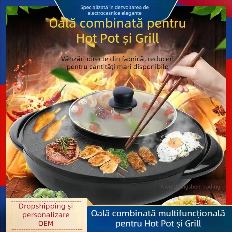 Oală electrică rotundă all-in-one pentru Shabu-Shabu, pentru uz casnic, multifuncțională, fără acoperire