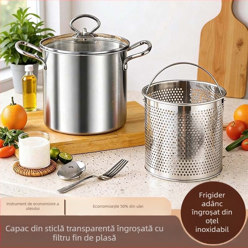 Fritură profundă din oțel inox cu filtru pentru tempura, oală adâncã pentru gătit, arzător pe gaz, friteuză multifuncțională pentru uz casnic