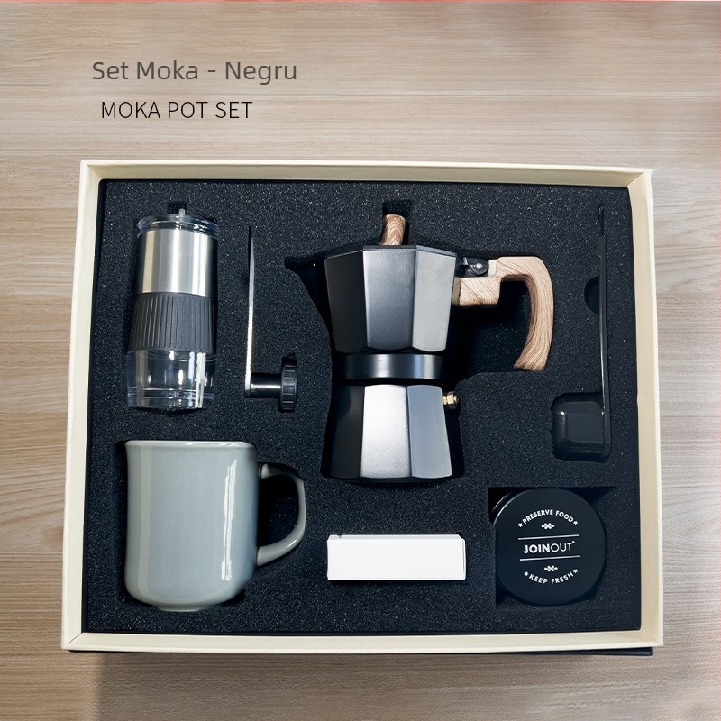 Set de cafea cu râșniță manuală și moka pot – set cadou cu șase piese