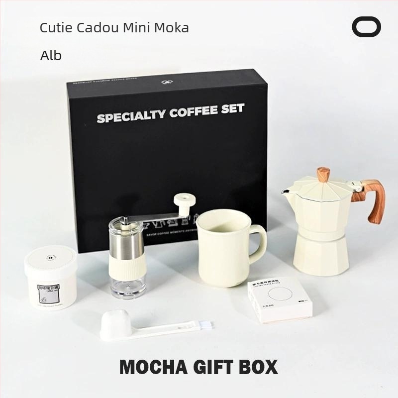 Set de cafea cu râșniță manuală și moka pot – set cadou cu șase piese