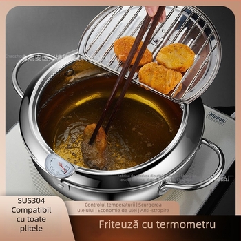 Fritură de tip japonez pentru tempura, din oțel inoxidabil 304, pentru uz casnic, cu capac și sită, termometru, control al temperaturii, oală multifuncțională