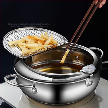 Fritură de tip japonez pentru tempura, din oțel inoxidabil 304, pentru uz casnic, cu capac și sită, termometru, control al temperaturii, oală multifuncțională