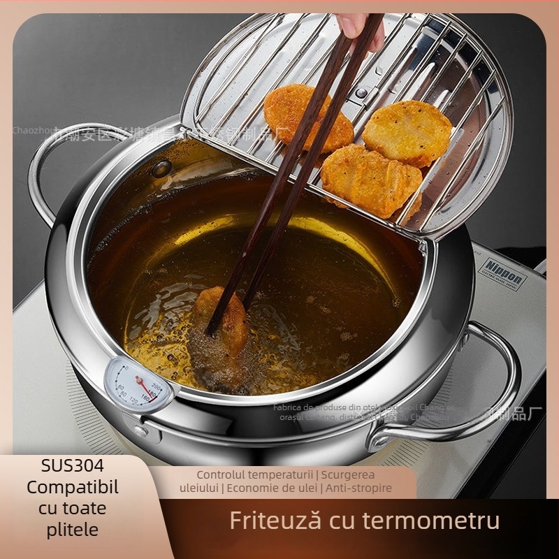 Fritură de tip japonez pentru tempura, din oțel inoxidabil 304, pentru uz casnic, cu capac și sită, termometru, control al temperaturii, oală multifuncțională