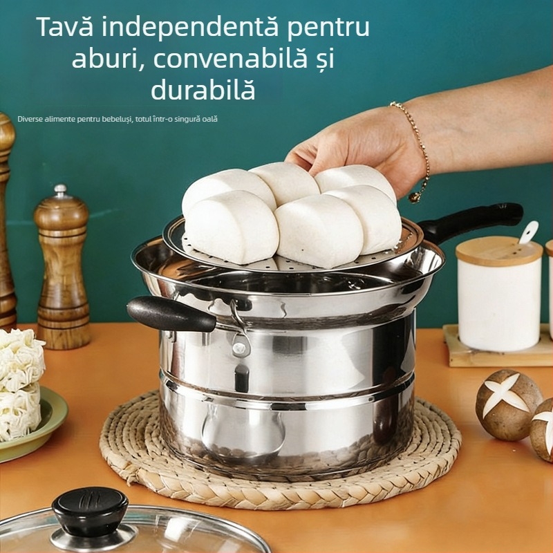 Oală din oțel inoxidabil pentru tăiței și supă, cu fund gros, oală multifuncțională pentru prăjit și gătit la abur, pentru uz casnic