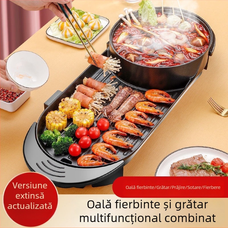 Grătar electric 2 în 1 și oală de gătit, multifuncțională, control dual, vas mare antiaderent pentru grilare și fierbere