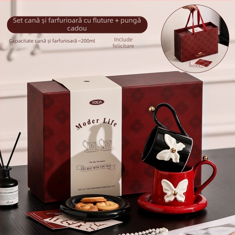 Excellent Family Set de cești ceramice pentru cafea cu farfurioare, într-o cutie cadou – Cești elegante pentru femei, stil ușor luxos