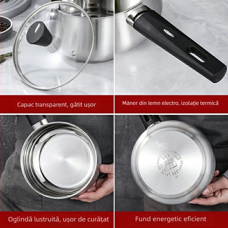 Oală de lapte din oțel inoxidabil 304, cu mâner unic, pentru uz casnic, pentru hrana bebelușilor, cu strat antiaderent îngroșat, compatibil cu gazul și plita cu inducție