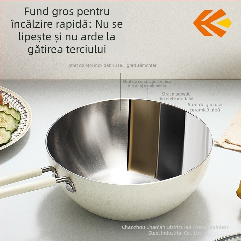 Huicheng oală pentru lapte din oțel inoxidabil 316, fără acoperire, cu capac din sticlă și grilă de abur, destinat mâncării pentru bebeluși și tăiței, fund de trei straturi, mică tigaie de bucătărie