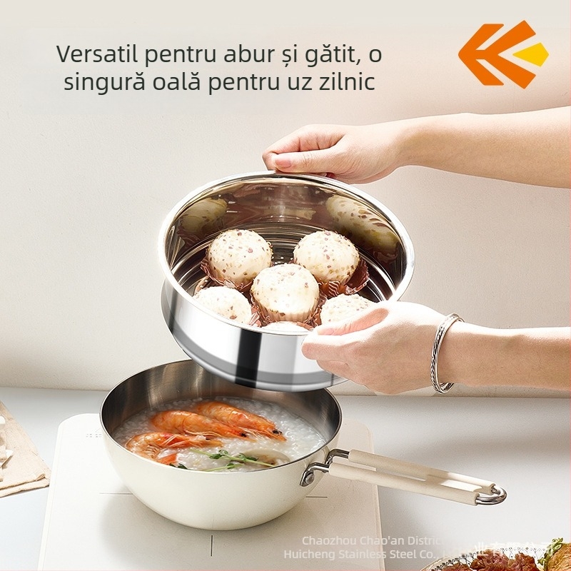 Huicheng oală pentru lapte din oțel inoxidabil 316, fără acoperire, cu capac din sticlă și grilă de abur, destinat mâncării pentru bebeluși și tăiței, fund de trei straturi, mică tigaie de bucătărie