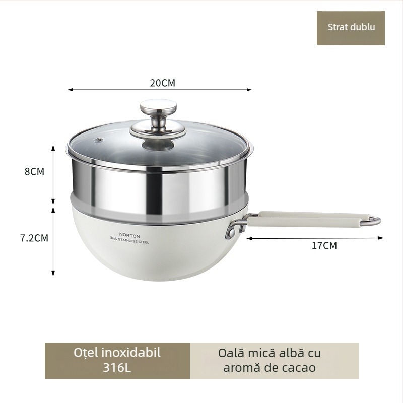 Huicheng oală pentru lapte din oțel inoxidabil 316, fără acoperire, cu capac din sticlă și grilă de abur, destinat mâncării pentru bebeluși și tăiței, fund de trei straturi, mică tigaie de bucătărie