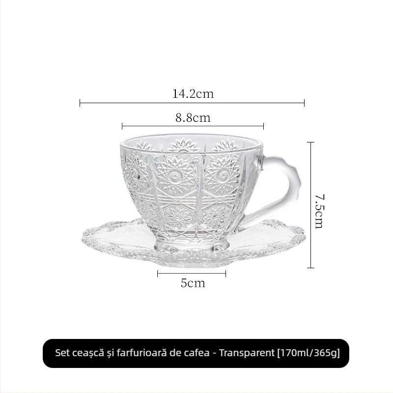 Set de cești de cafea și farfurioare din sticlă, în stil Instagram, luxos, compact, cu design retro embosat, pentru uz casnic
