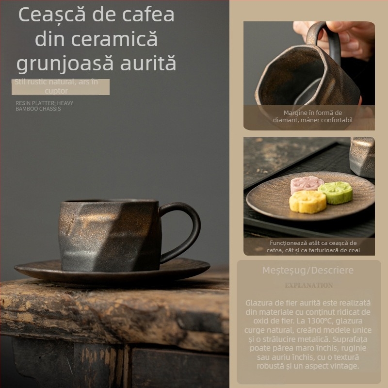 Set de cafea cu farfurioare retro, cu luciu auriu, căni latte art din ceramică robustă, cești elegante pentru mic dejun acasă