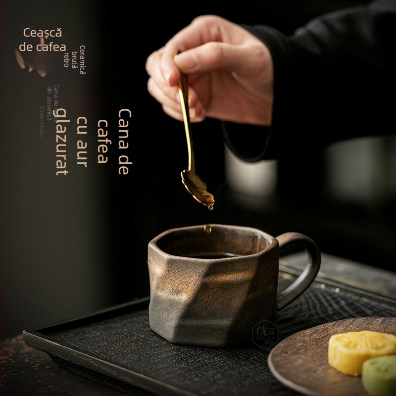 Set de cafea cu farfurioare retro, cu luciu auriu, căni latte art din ceramică robustă, cești elegante pentru mic dejun acasă