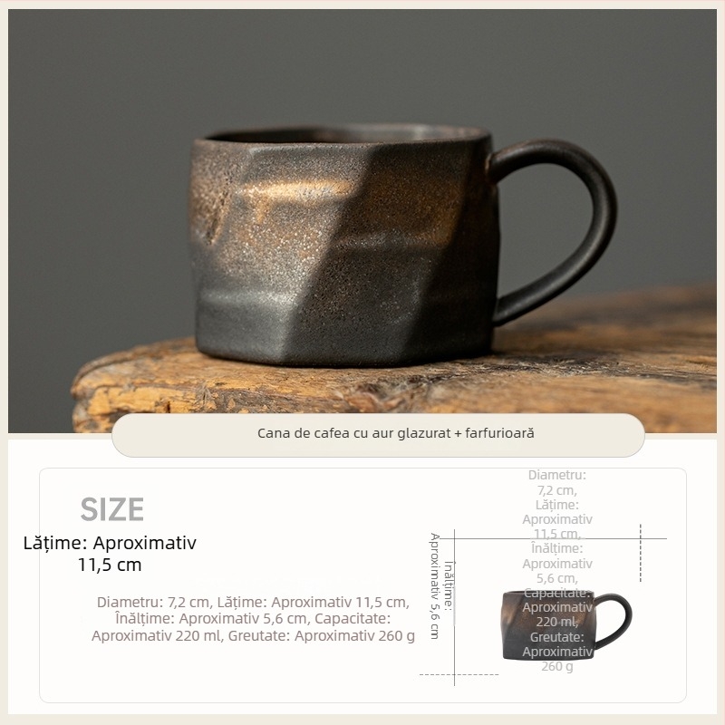 Set de cafea cu farfurioare retro, cu luciu auriu, căni latte art din ceramică robustă, cești elegante pentru mic dejun acasă