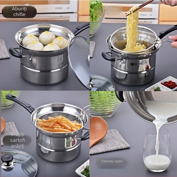 Oală din oțel inoxidabil pentru tăiței, cu coș de prăjit și sită filtrantă, stil japonez, compatibilă cu inducția, 22 cm, oală de lapte pentru uz casnic