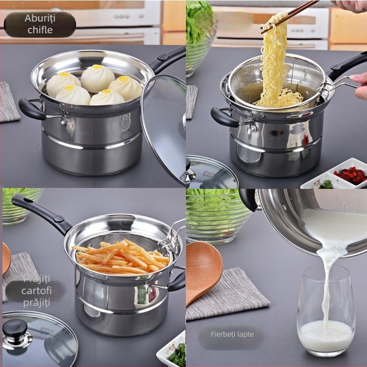 Oală din oțel inoxidabil pentru tăiței, cu coș de prăjit și sită filtrantă, stil japonez, compatibilă cu inducția, 22 cm, oală de lapte pentru uz casnic