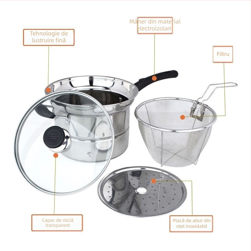 Oală din oțel inoxidabil pentru tăiței, cu coș de prăjit și sită filtrantă, stil japonez, compatibilă cu inducția, 22 cm, oală de lapte pentru uz casnic