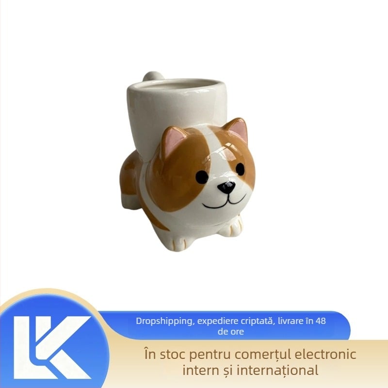 Set ceramic pentru cafea cu ceașcă și farfuriu, cană creativă, lucrată manual, stil retro, cadou drăguț cu motiv corgi