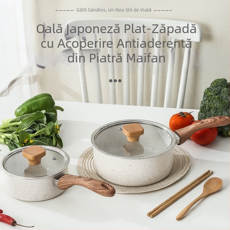 Wok în stil japonez cu piatră Maifan, antiaderent, oală de lapte, cu dublă funcționalitate pentru tăiței instant
