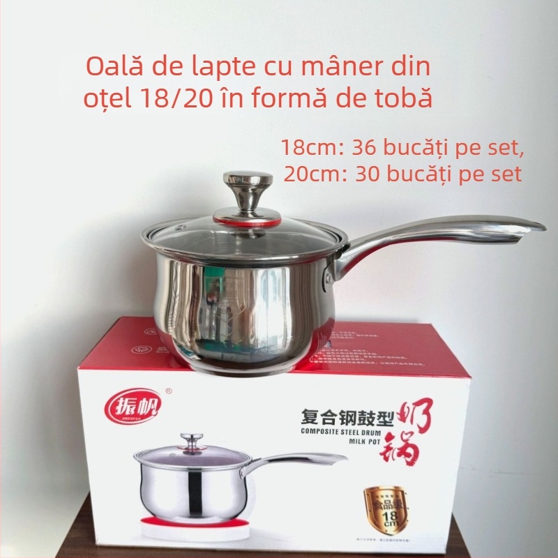 Oală de lapte cu capac din sticlă groasă, mâner unic, în cutie, pentru uz casnic
