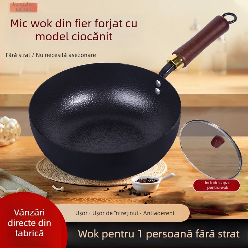 Oală mică din fontă, fără strat, pentru o singură porție, pentru lapte și mâncare de bebeluți, fund plat, textură ciocănită