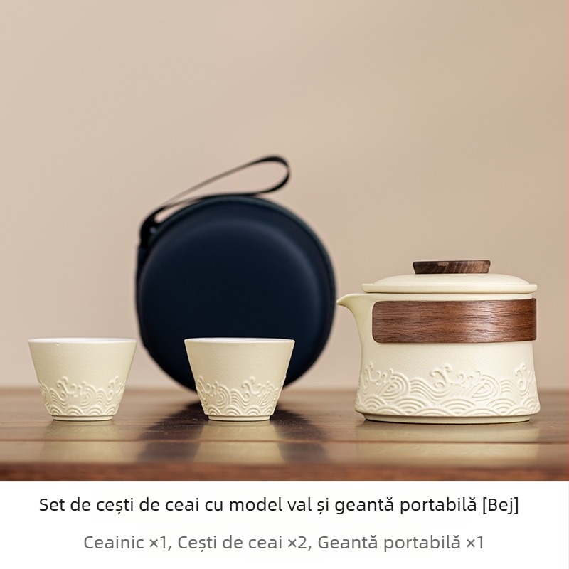Set portabil de ceai pentru călătorii, ceainic ceramic și două cești — pentru prepararea ceaiului în aer liber, cadou corporativ