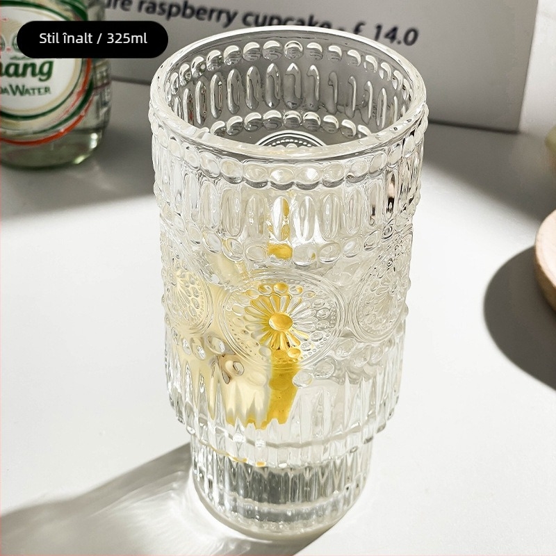 Set de pahare din sticlă vintage cu posibilitatea de a fi stivuite, motiv reliefat de floarea soarelui, model glaciar și textură cu bule pentru cafea și suc