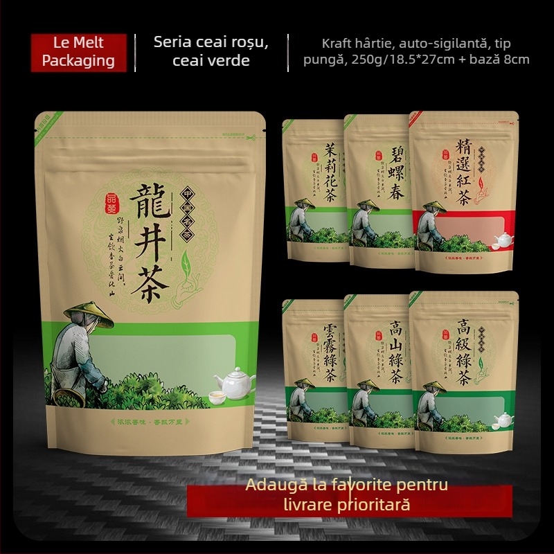 Pungă de ceai din hârtie Kraft 250 g cu închidere auto – ceai verde montan, ceai negru, Dragon Well și Bi Luo Chun