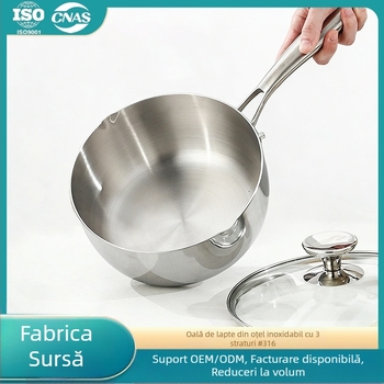 Oală din oțel inoxidabil pentru lapte și hrana bebelușilor, mică, cu fund multistrat și capac din sticlă, fără acoperire