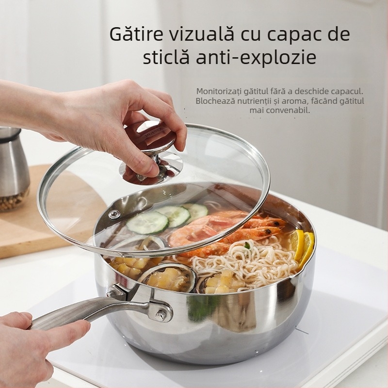 Oală din oțel inoxidabil pentru lapte și hrana bebelușilor, mică, cu fund multistrat și capac din sticlă, fără acoperire