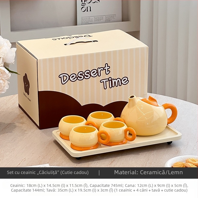 Set de ceai ceramic, galben și roșu, pentru 4 persoane, design modern minimalist, pentru uz casnic, în cutie cadou