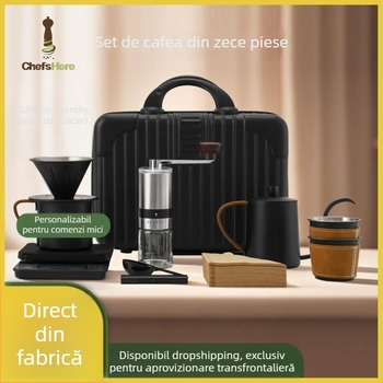 Set de cafea pentru călătorii din oțel inox cu râșniță manuală, ceainic pour-over, vas de filtrare, două cești, filtre de hârtie, lingură de măsurare, perie de curățare și cronometru