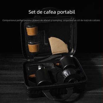 Set de cafea pentru călătorii din oțel inox cu râșniță manuală, ceainic pour-over, vas de filtrare, două cești, filtre de hârtie, lingură de măsurare, perie de curățare și cronometru