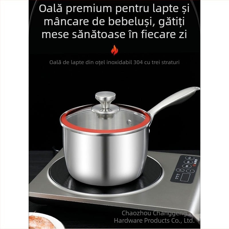Oală de lapte din oțel inoxidabil 304, oală de supă cu trei straturi, neacoperită, mâner unic, aburitor, compatibil inducție