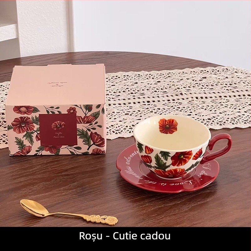 Ceașcă ceramică cu farfurioară cu camelia, stil vintage, set cafea și ceai cu model floral pentru uz casnic