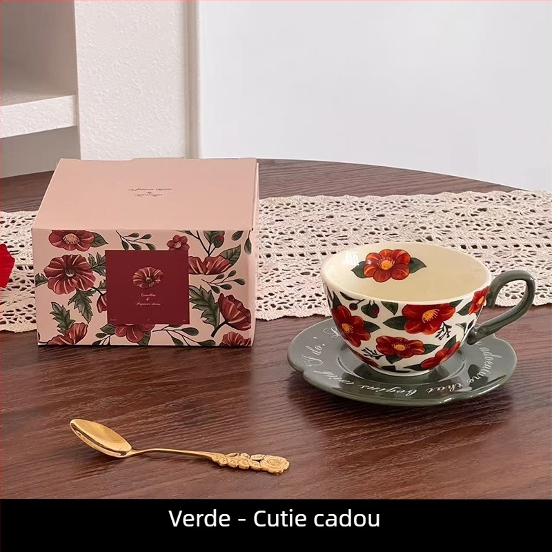 Ceașcă ceramică cu farfurioară cu camelia, stil vintage, set cafea și ceai cu model floral pentru uz casnic
