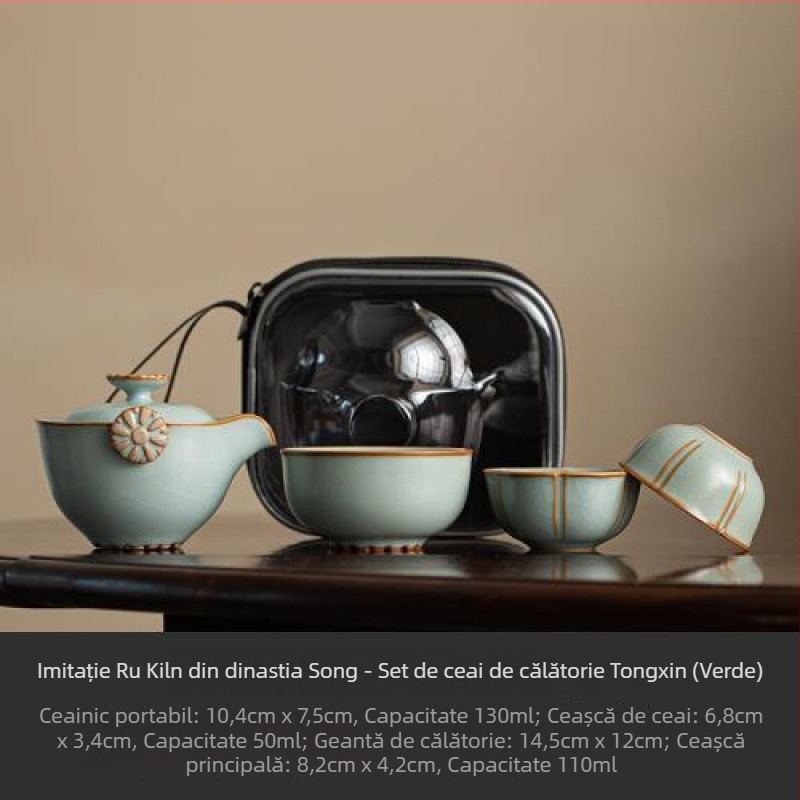 Set ceai Tianqing Ru Kiln din ceramică, portabil pentru drumeții în aer liber, pentru 3 persoane, stil retro