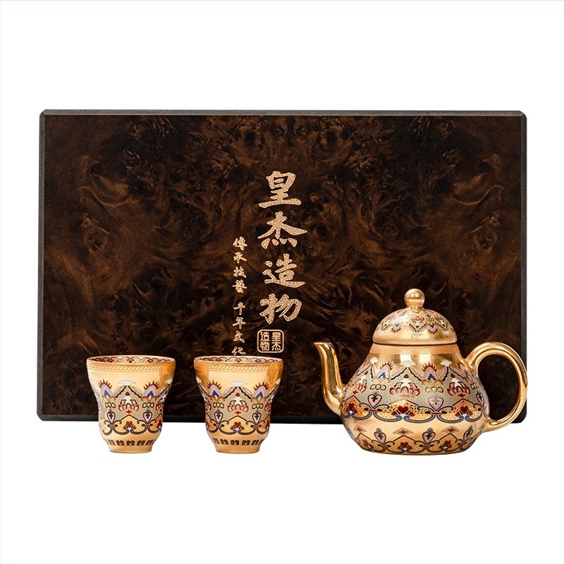 Set de ceai cu finisaj auriu, în stilul Forbidden City Dunhuang — ceainic și două cești, într-o cutie cadou