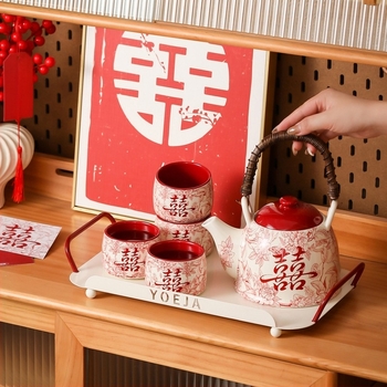 Set de ceai ceramic premium cu ceainic, cești și tavă — cadou de nuntă pentru domnișoarele de onoare, personalizabil, în stil retro