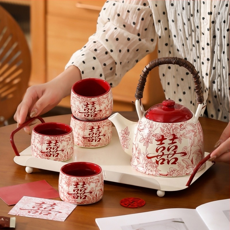 Set de ceai ceramic premium cu ceainic, cești și tavă — cadou de nuntă pentru domnișoarele de onoare, personalizabil, în stil retro