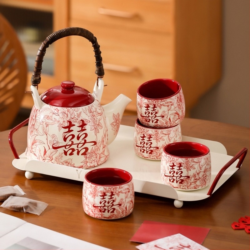 Set de ceai ceramic premium cu ceainic, cești și tavă — cadou de nuntă pentru domnișoarele de onoare, personalizabil, în stil retro