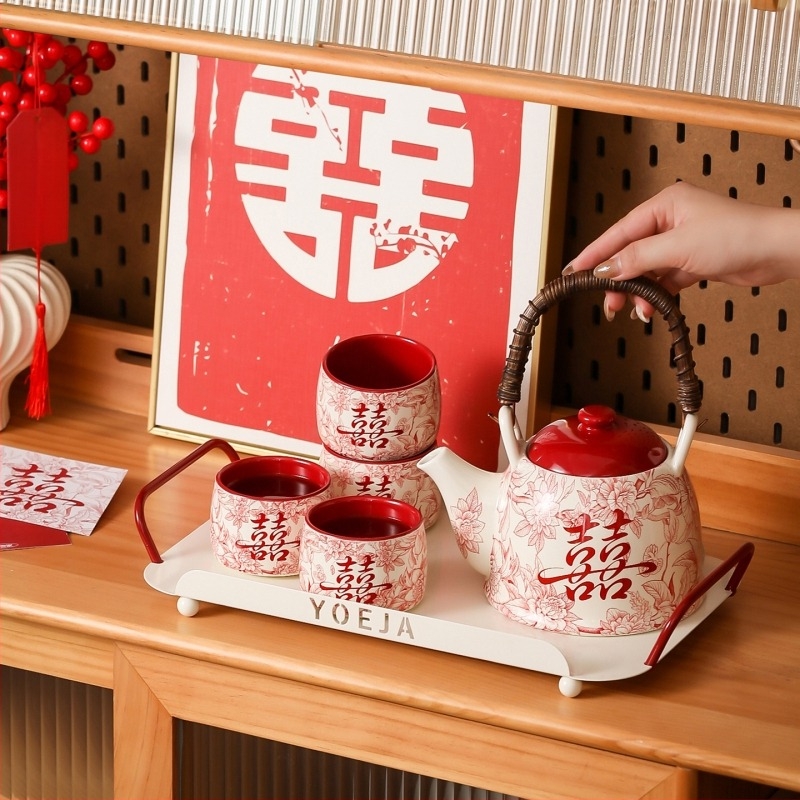 Set de ceai ceramic premium cu ceainic, cești și tavă — cadou de nuntă pentru domnișoarele de onoare, personalizabil, în stil retro
