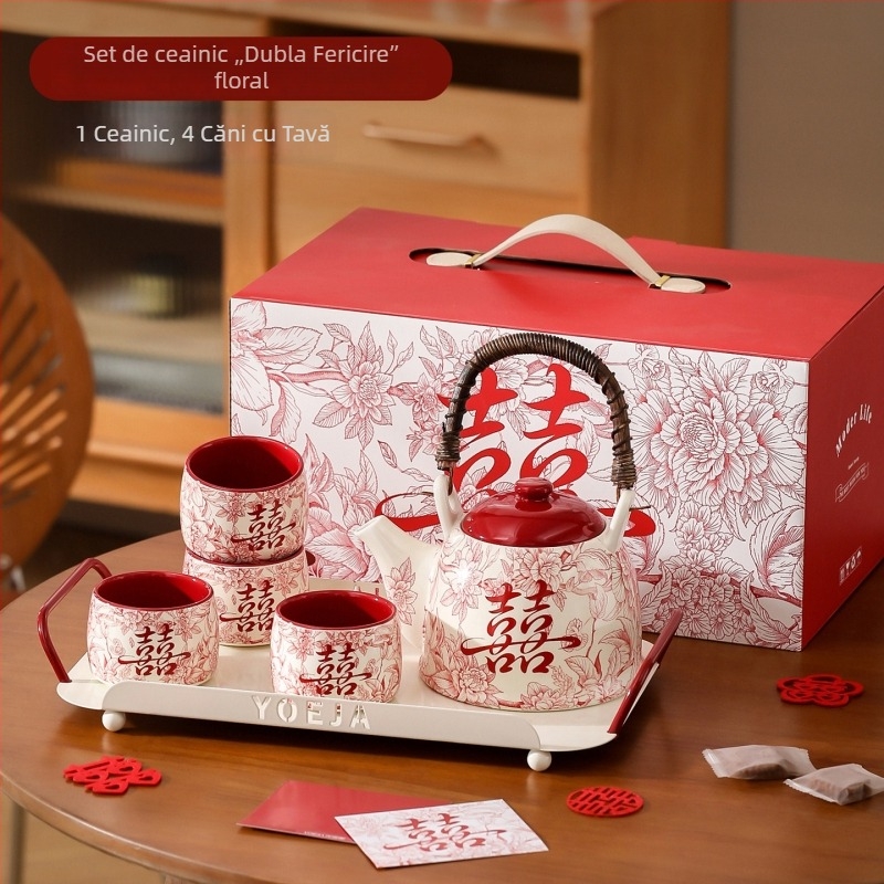 Set de ceai ceramic premium cu ceainic, cești și tavă — cadou de nuntă pentru domnișoarele de onoare, personalizabil, în stil retro