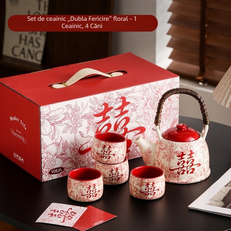 Set de ceai ceramic premium cu ceainic, cești și tavă — cadou de nuntă pentru domnișoarele de onoare, personalizabil, în stil retro