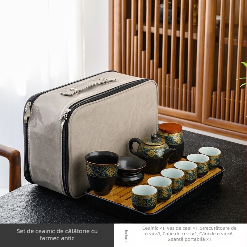 Set portabil de ceai Kung Fu cu tavă, ceramică Ru Kiln, ceainic și cești, cutie cadou, pentru casă și călătorii